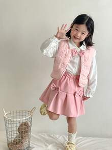 SHEIN 3pcs/Set Young Girls Autumn/Winter New 2025 Outfit, Collar Ruffle Flutter Sleeve Elastic Cuff Cardigan, Bow Vest, Pink Pleated Skirt, Sweet & Fashionable Versatile 3-Piece Set - Multicolor - View 3