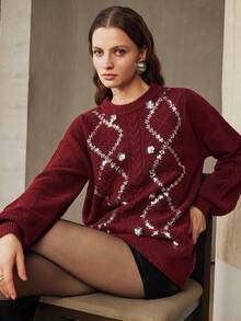 Arave Women's Loose-Fitting Floral Velvet Sweater With Beaded And Sequined Design, Perfect For A Modern Party Look, Winter Clothes For Women,  . - Burgundy - View 3