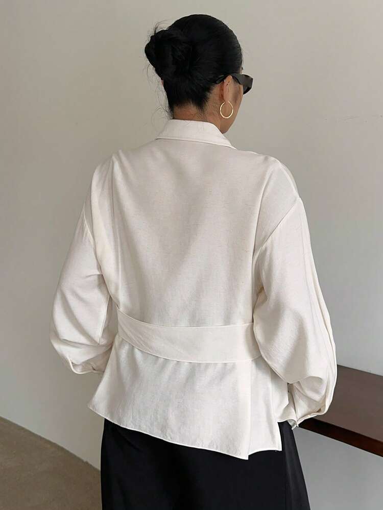 Plus Size Women White Long Sleeve Shirt With Turndown Collar, Half-Open Front, Drawstring Hem, Spring/Autumn