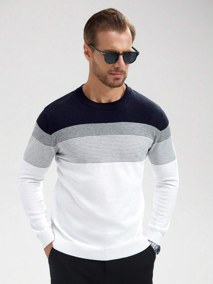 Manfinity Homme Men's Festive Rib-Knit GreenChristmas Family Cartoon Pattern Men Sweater Christmas Sweater With Gnome Graphic Long Sleeve Round Neck Pullover Father Son Matching Sweaters Men Long Sleeve Knit - Blue and White - View 1