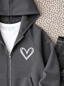 SHEIN Tween Girls Casual Loose Fit Hooded Knit Jacket With Heart Print, Zipper Pockets, Comfortable & Versatile, Autumn/Winter - Dark Grey - View 4