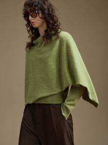 Ontre Verde Bosque, Otoño, Elegante, Top Estilo Poncho de Mezcla de Lana para Uso Diario, Suéter de Punto Minimalista y Chic, Suéter Casual de Negocios Urbano para Mujer para Oficina & Fiesta - Verde Oscuro - Ver 6