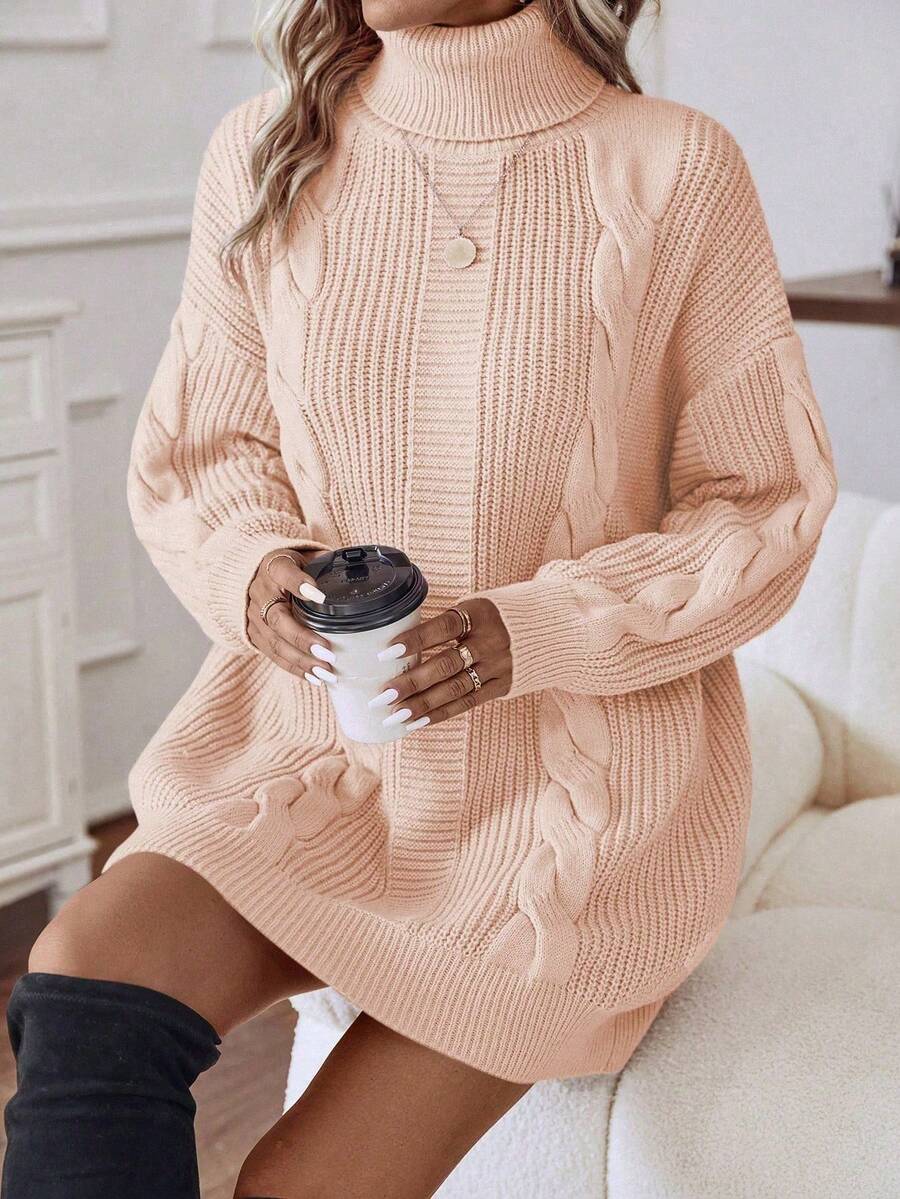 SHEIN LUNE Women's Solid Color High Waist Drop Shoulder Long Sleeve Loose Cable Knit Sweater Dress - Coral Pink - View 1