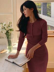 DAZY Women's Fitted Half-Zip Mid-Length Sweater Dress,New Year