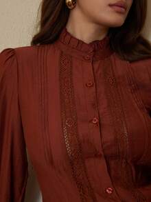 Revavyn Áo sơ mi ren chắp vá tay dài dành cho nữ - Rỉ Nâu - Xem 6