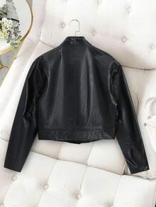 SHEIN Glamour Women's Black PU Faux Leather Jacket,Autumn Chic Classy Casual Regular Crop Jacket For Women,Party Night Leather Jacket - Black - View 13
