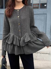 FRIFUL 女士圆领金属纽扣装饰下摆层叠荷叶边修身休闲T恤