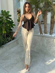 Manon Tanti Plain Woven Halter Neck Sleeveless Top For Women - Grey - View 4
