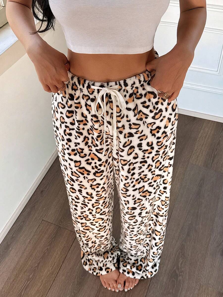 SHEIN 女士系带腰部蓬松人造毛皮豹纹休闲阔腿宽松舒适冬季长裤，保暖、舒适、百搭 - 杏色 - 查看 1