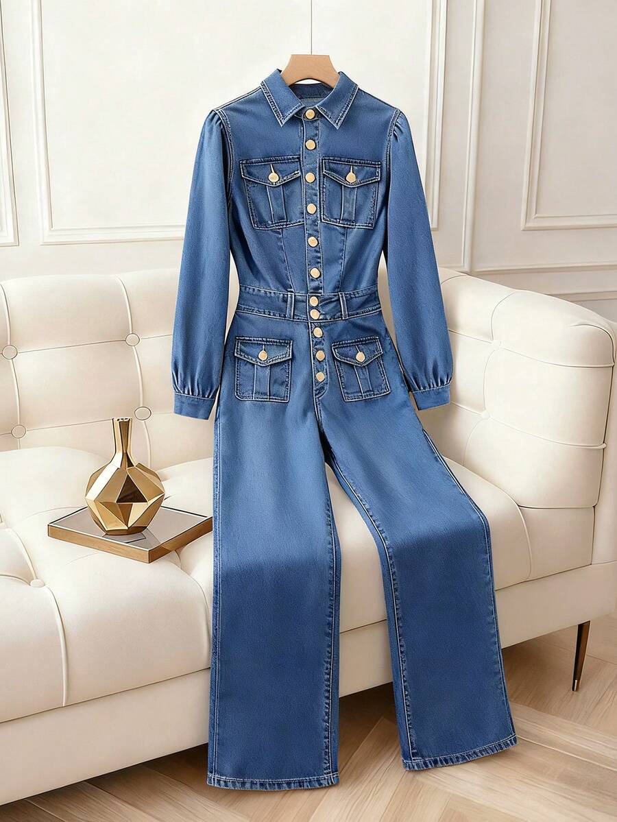 GlowEve Women's Fashion Commuter Long Sleeve Denim Jumpsuit - Blue - View 1