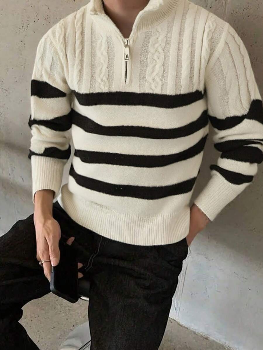 Manfinity Homme 男士秋冬新款博主时尚设计3D立体花卉撞色条纹半拉链高领毛衣 - 米色 - 查看 1