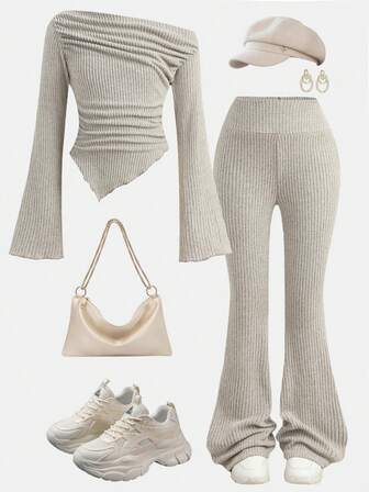 Girlism Conjunto informal de niña preadolescente con top de manga larga ajustado de punto plisado y pantalones acampanados para usar en casa, al aire libre, como atuendo de viaje en el aeropuerto, y para uso diario casual