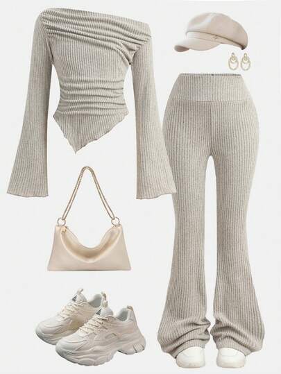 Girlism Tween Girls T Casual Light Pleated Long Sleeve Fitted Knit Top And Flare Pants Set For Home And Outdoors, Travel Outfit Airport, Casual Dailywear, Back To School, Christmas