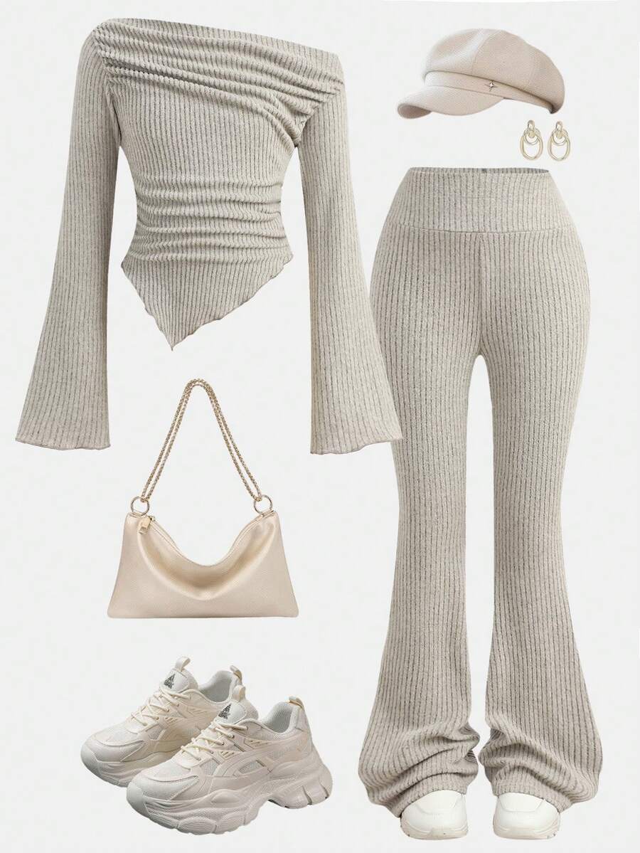 Girlism 少女休闲轻薄褶皱长袖修身针织上衣搭配喇叭裤套装，适合居家、户外活动、旅行、机场出行、日常休闲穿着、返校季和圣诞节等场合。 - 杏色 - 查看 1