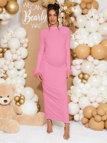 Loomaby Maternity Elegant Patchwork Fuzzy Cuff Dress, Autumn Babyshower Dress Maternity Maternity Dress Pink Pink Maternity Dress Baby Shower Dress Pink Pink Birthday Outfit Women - Pink - View 4