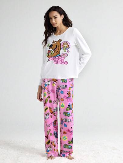 SCOOBY DOO Cartoon Pattern Round Neck Long Sleeve Top Pants Pajama Set, Sleeping Wear Women Schattige Sleep Dog Pyjama Women, Fall Clothes view 4