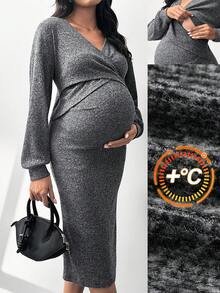 MaterniWear 孕妇纯色重叠V领落肩长袖罗纹修身优雅哺乳连衣裙 - 灰色 - 查看 1