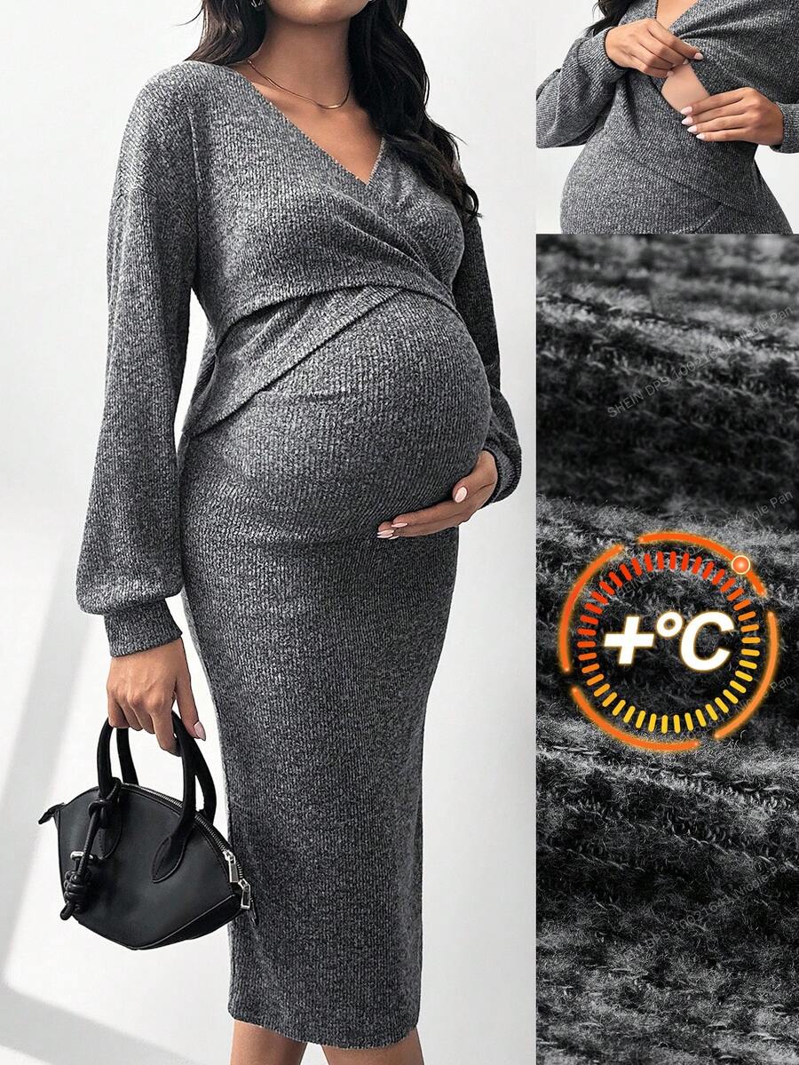 MaterniWear 孕妇纯色重叠V领落肩长袖罗纹修身优雅哺乳连衣裙 - 灰色 - 查看 1