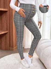 SHEIN Adjustable Waist Maternity Skinny Pants With Button Design, Houndstooth Pattern 2 Piece Maternity Set Maternity Leggings 2 Piece Sets Woman Pregnancy Maternity Clothes Nanny Pregnancy Pants - Black and White - View 3