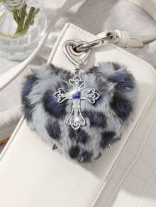 ROMWE Kawaii 1 Stück Y2K Retro Chic Punk High-End grau Kunstfell Tierdruck Nieten 3D Herz Kristall Cut Out Kreuz DIY Schlüsselanhänger Taschenbaumler, geeignet für Frauen, Alltagstragen, Urlaubsgeschenk - Grau-31 - Übersicht 11