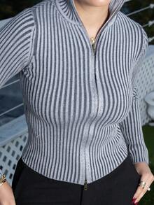 Melissa Matos Ribbed High Neck Zip Up Cardigan Spring Casual Y2k 90's Stripe Cute Airport Holiday Summer Vacation Fall Back To School Autumn Winter Everyday Christmas Work Office - Dark Grey - View 6