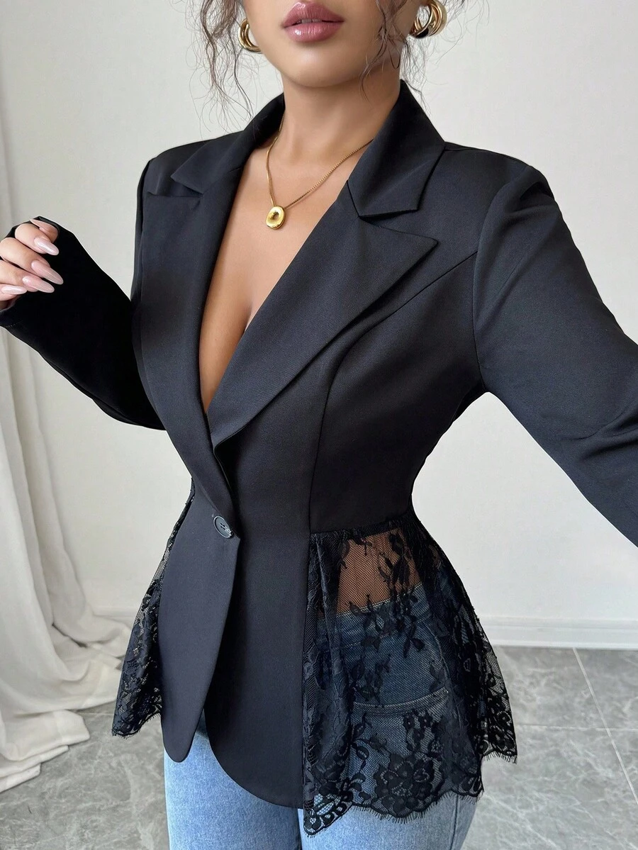 SHEIN PETITE Elegant Romantic Contrast Lace Waist Fitted A-Line Women Blazer Jacket