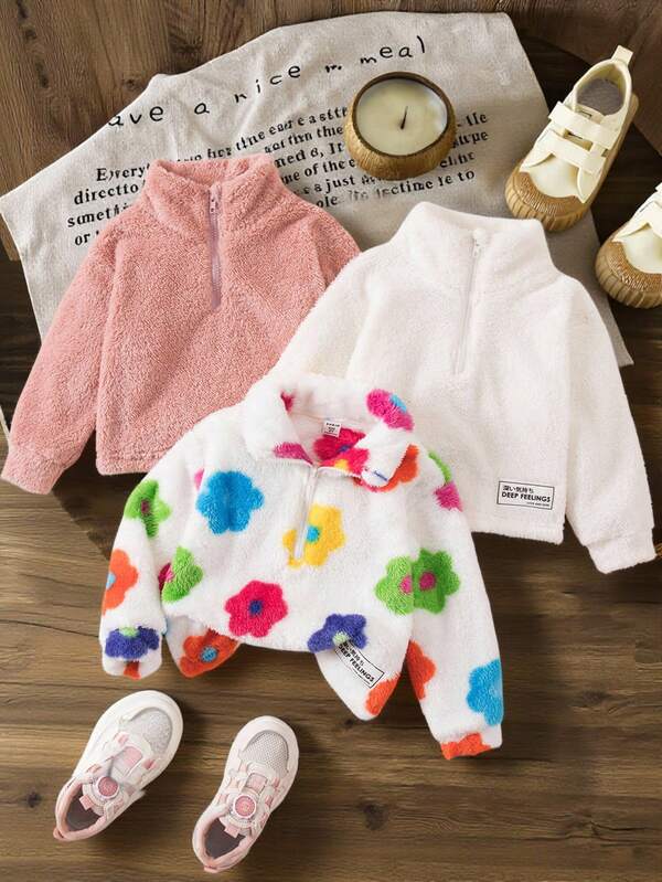 SHEIN 3 件套年轻女孩纯色羊毛休闲立领半拉链短款卫衣，双面羊毛，保暖，秋冬季