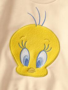 LOONEY TUNES X SHEIN 两件套女婴卡通崔弟刺绣卫衣和条纹印花打底裤套装，适合秋冬季穿着 - 卡其色 - 查看 4