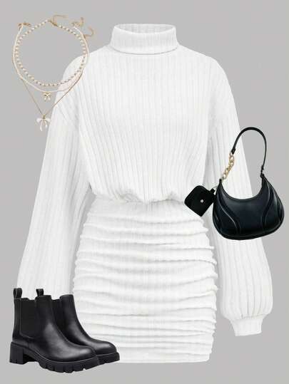 SHEIN Girlism 少女白色罗纹针织高领宽松收腰臀部褶皱修身休闲优雅复古百搭叠穿长袖迷你连衣裙