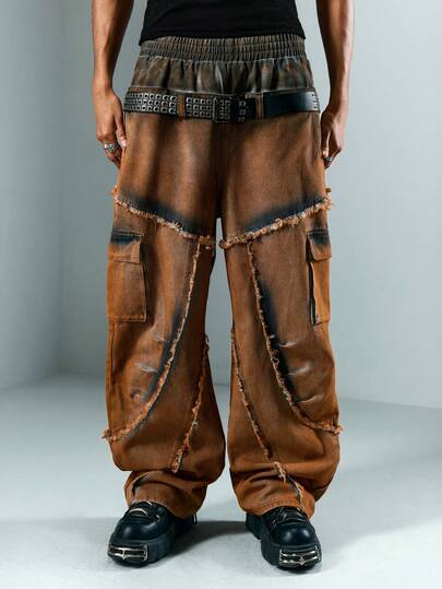 Street Life Men's Heavy Distressed Punk Color Block Elastic Waist Casual Straight Leg Jeans