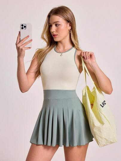 Sovereign Charm Women's Contrast Color Pleated Hem Round Neck Racerback Sporty Dress With Shorts Green Pleated Skirt Green Tennis Skirt Golfing Skirt