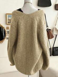 Lalippa Women's Casual Solid Color V-Neck Loose Knit Sweater, Autumn/Winter