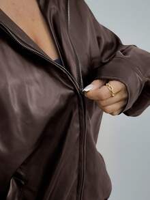 SAYEHFBABY Zip Up Drop Shoulder PU Thick Leather Jacket In Fall/Winter - Brown - View 3