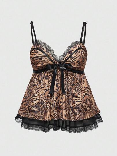 J-Fashion Canotta con fiocco e stampa leopardata, taglie comode, stile Y2K, per donna