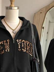 Lalippa 女士豹纹字母图案连帽拉链长袖运动衫 - 黑色 - 查看 5