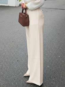 Jeta Ari Women Solid Color Casual, Commute, Daily Loose Fit High-Waist, Eyelet Decor, Drawstring Waist, Wide Leg Relaxed Pants Work Pants - Beige - View 4