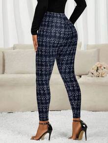 SHEIN Lady Quần legging kẻ caro hai hàng khuy thời trang nữ - Màu xanh hải quân - Xem 2