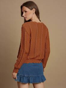 WESTFADE Floral Embroidered Cable Knit Crew Neck Long Sleeve Relaxed Knit Sweater - Red - View 2