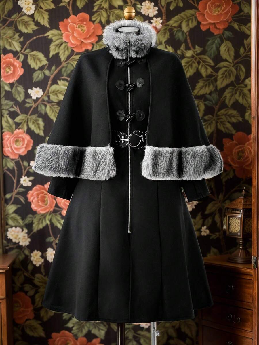 Sunspun 万圣节纯色复古简约人造毛皮拼接优雅长款外套 - 黑色 - 查看 1