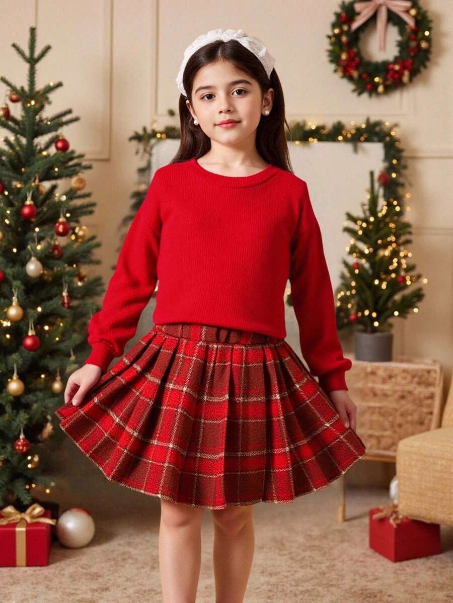 2 Stücke Gestrickter Langarm Roter Sweatshirt und karierter plissierter Rock Set für Kleine Mädchen, modisches Kinderoutfit für Frühling/Herbst, geeignet für Winter Lässig und Feiertagsmode Weihnachten Mädchen Set Prinzessin Halloween/Weihnachtsparty - Rot - Übersicht 1