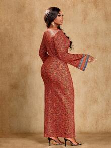 Brilight Women's Tropical Elegant Positioning Print V-Neck Long Sleeve Slim Dress, Suitable For Gatherings And Parties, South African Pattern, South African Traditional Clothing, Autumn Dress, Women's Dress, Elegant Party Dress