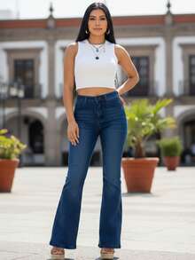 Pantalones de mezclilla para mujer estilo urbano casual cintura alta corte acampanado tela elástica ajuste slim sin mangas cuello redondo verano uso diario - Azul - Ver 1