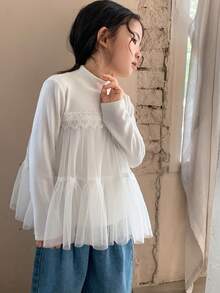 DAZY 女童撞色网纱长袖韩版T恤