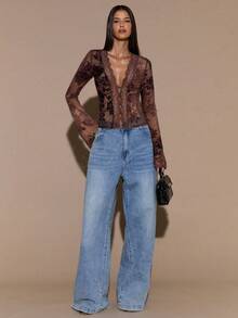 SHEIN BAE 女式黑色长袖上衣，性感深 V 领，植绒蕾丝喇叭袖，透视，简约优雅浪漫，适合秋冬季分层穿着、约会、派对 - 棕色 - 查看 6