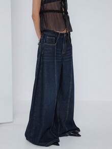COUREZ Quần jeans ống rộng cạp thấp kiểu skater với đường may phía trước / Phong cách đường phố Y2K, quần jeans rộng thùng thình dễ thương cho mùa xuân và kỳ nghỉ. - Rửa tối - Xem 5