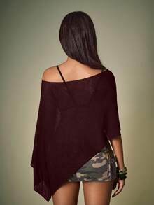 Y2Kool BiGraphic 酒红色镂空针织罩衫，百搭女式秋冬上衣，针织衫，露肩上衣，蝙蝠袖上衣 - 酒紅色 - 查看 4