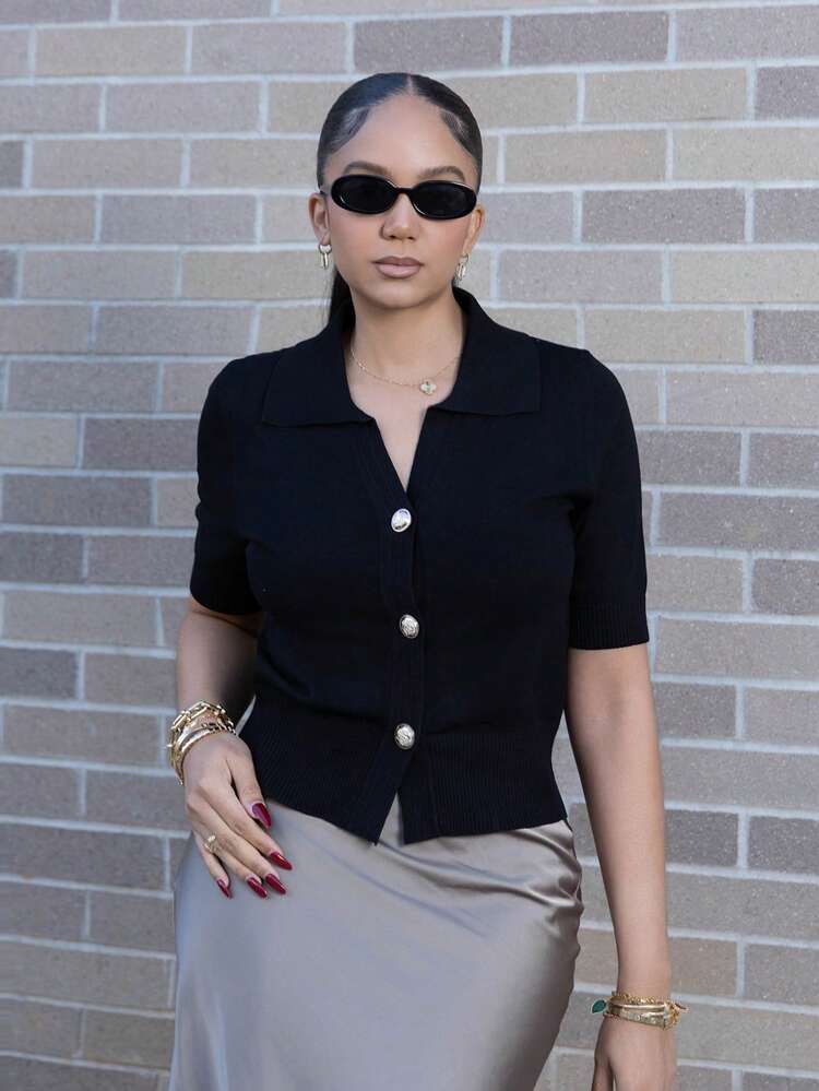 Melissa Matos Nueva llegada Blusa de punto casual y versátil con cuello polo, estilo coreano suave para verano para mujeres - Negro - Añade 4