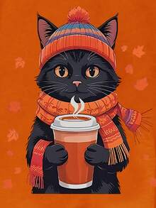 EMERY ROSE 女式休闲卡通黑猫印花落肩宽松保暖内衬卫衣，秋冬 - 橘色 - 查看 4