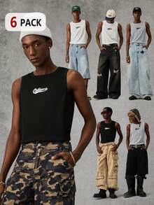 AXEPEAK Men's Letter Print Loose Round Neck Tank Top - Black - View 12