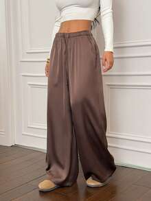 SHEIN PETITE 女式低腰休闲复古缎面百搭棕色麻灰色长裙